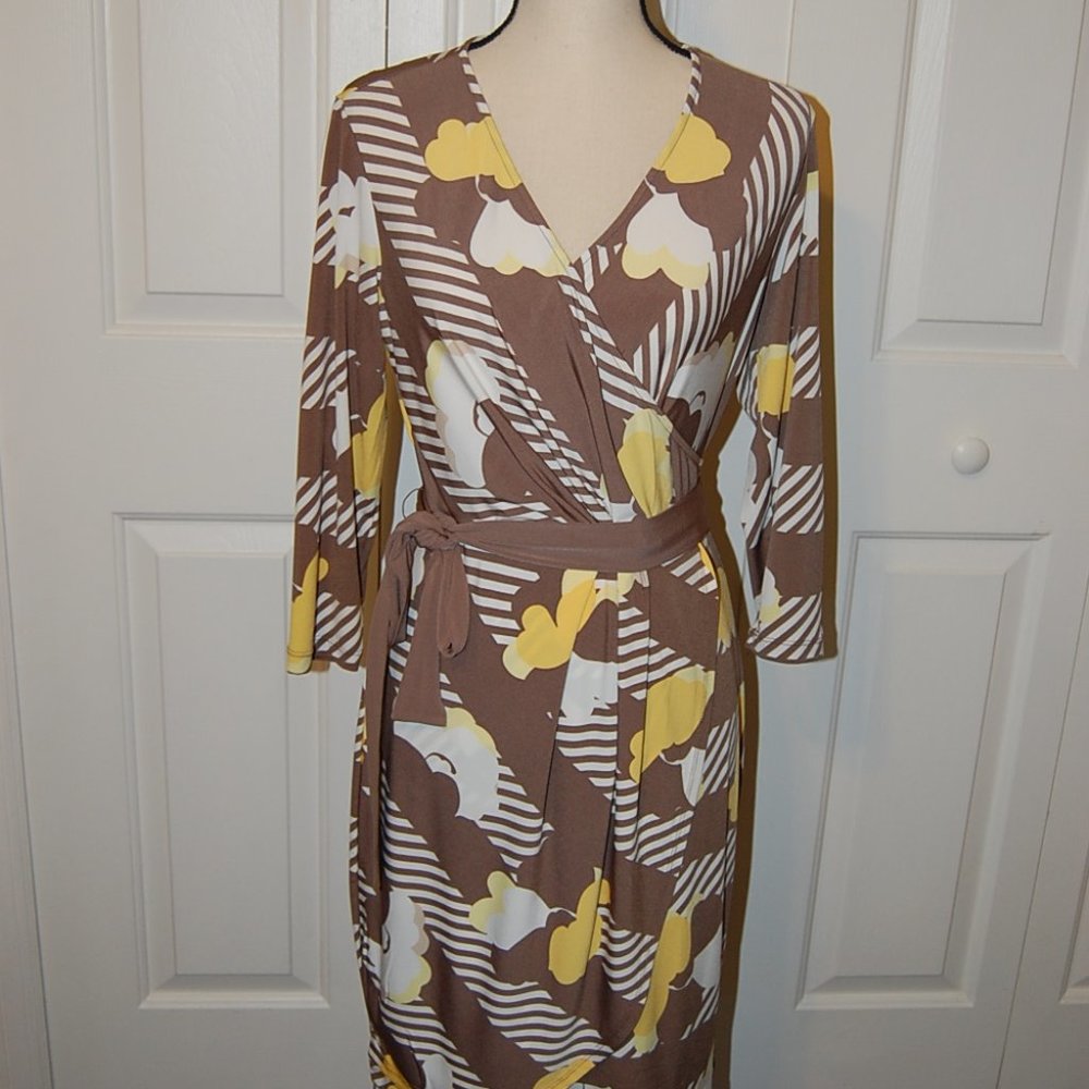 Women's Brown patterned w/rouching 3/4 sleeve dres